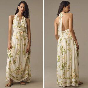 Anthropologie FARM Rio V-Neck Cream Floral Chiffon Maxi Dress, Tropical Flowers